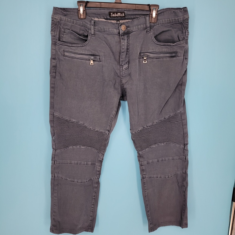 Embellish NYC Mens Biker Moto Jeans blue Grey Ribbed Knee Zipper Pockets Slim 38